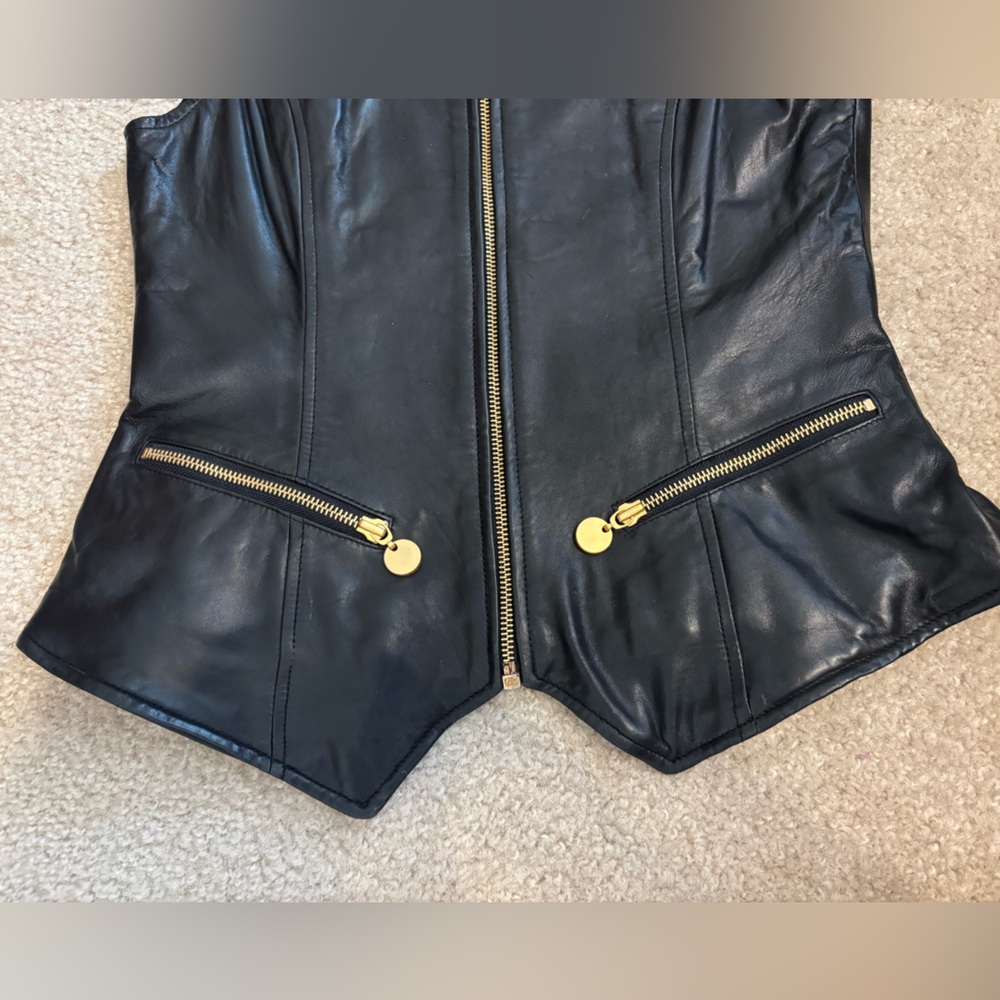 Siena Studio Vintage Leather Gold Accent Full Zip Black Vest Women’s Size Small - Picture 5 of 13